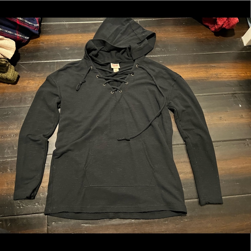 Black lace tie up hooded sweater